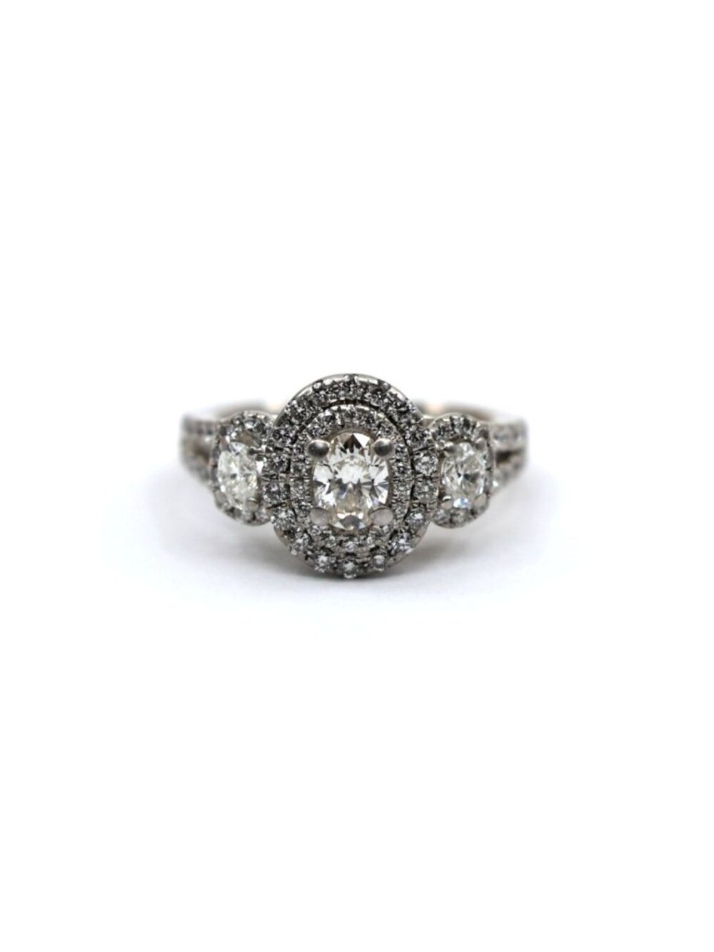 Vera Wang LOVE 14K White Gold 1.50ct Oval Diamond Three Stone Halo Ring - Sz 5.5